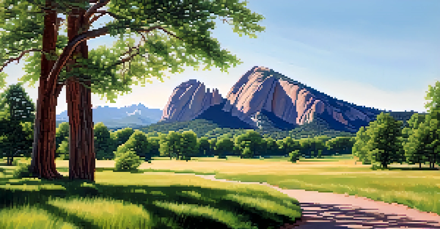 A beautiful landscape view of Chautauqua Park with the Flatirons in the background, featuring scenic trails and lush greenery.