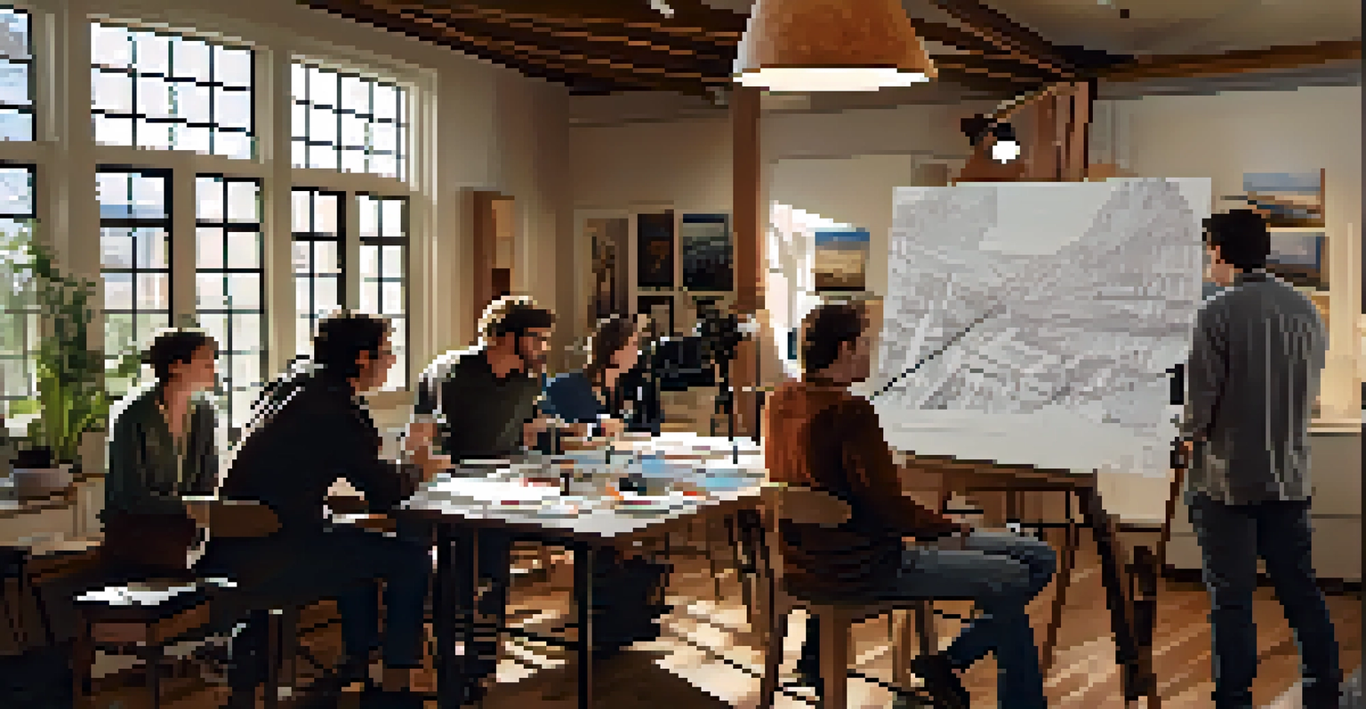 A workshop setting with aspiring filmmakers and an instructor, surrounded by film equipment and storyboards in a well-lit room.