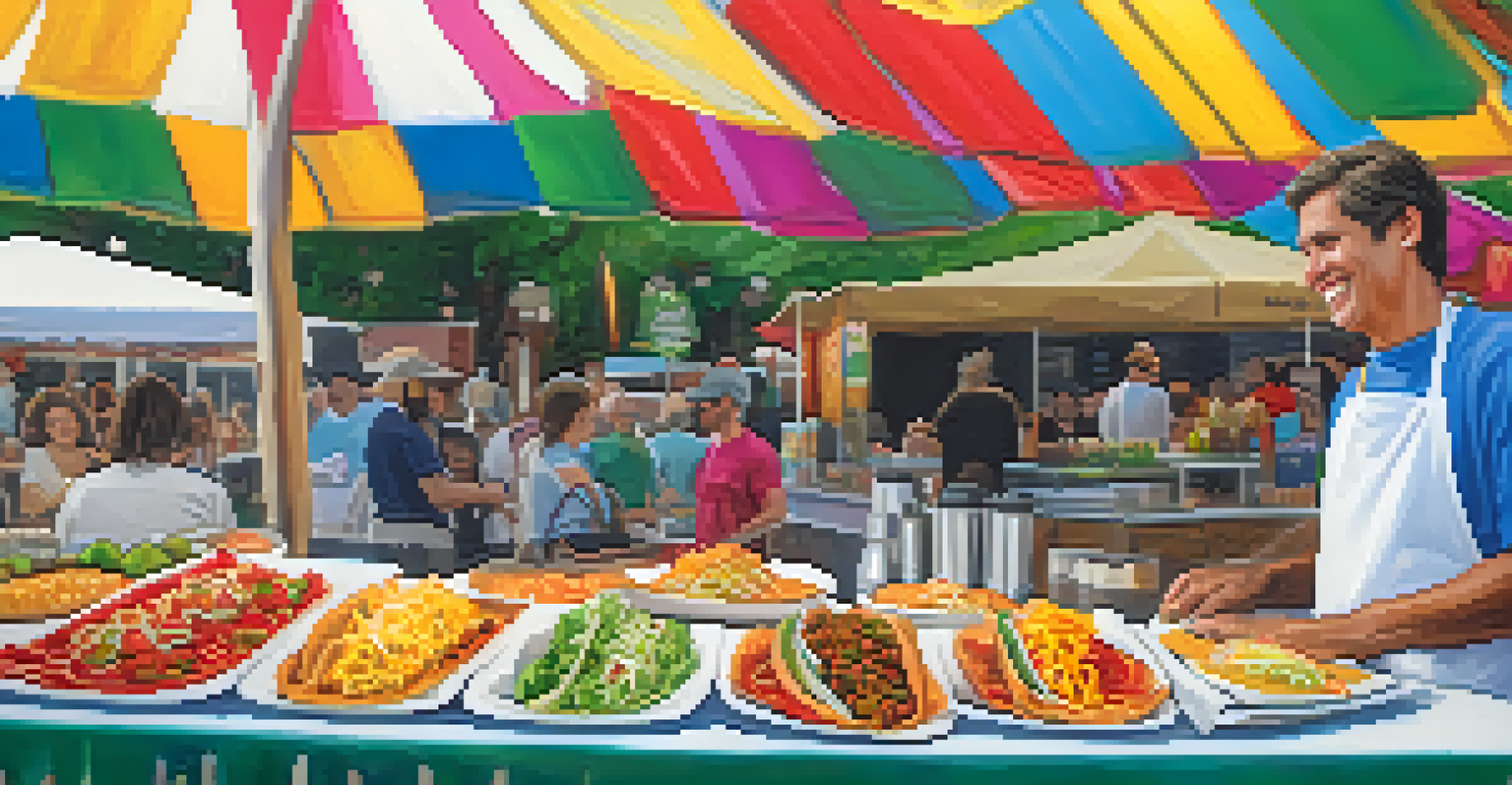 A food vendor at an arts festival displaying gourmet tacos made with fresh ingredients, with an inviting atmosphere and happy customers.