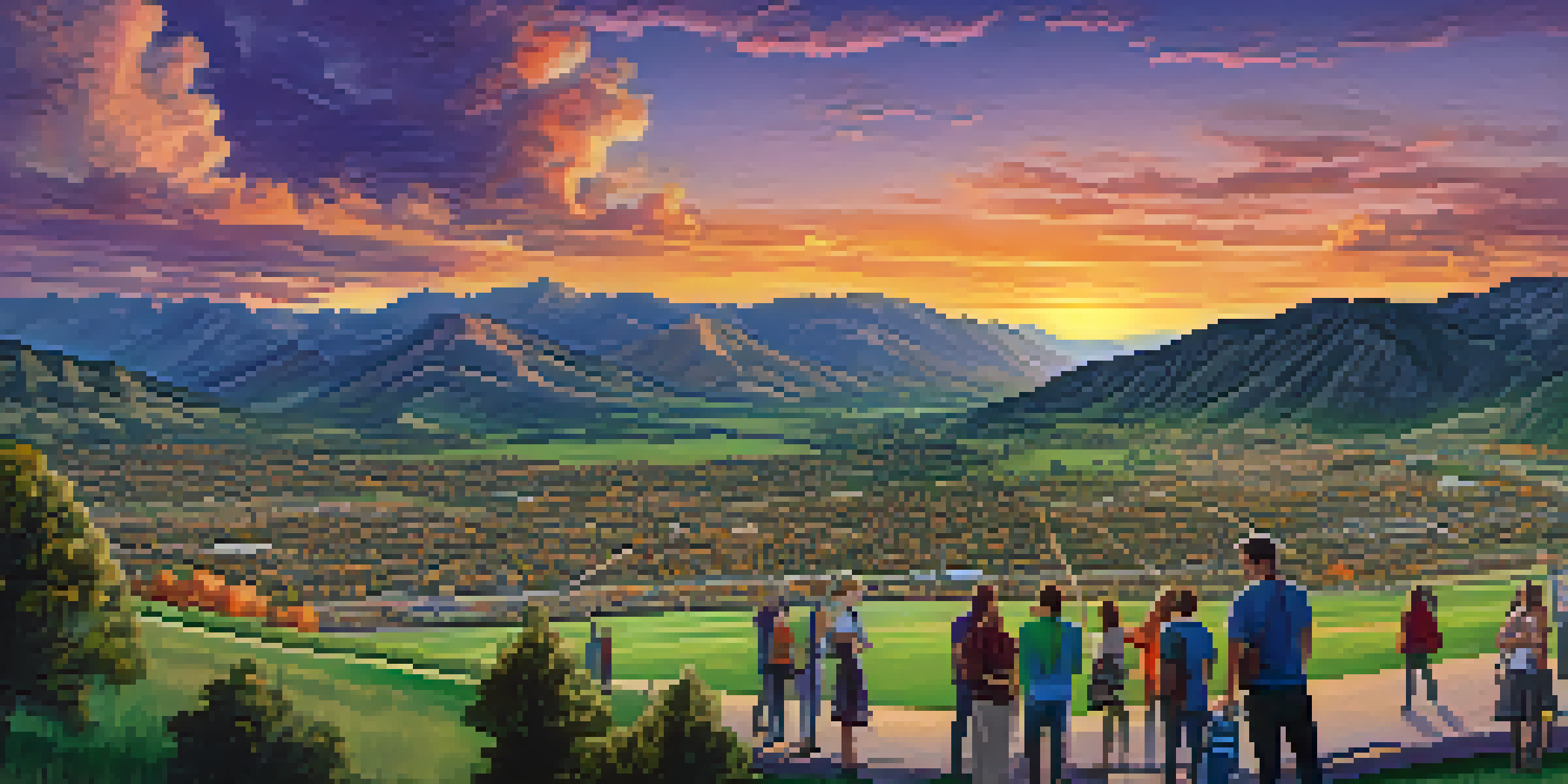 A sunset view of Boulder, Colorado, with people participating in a climate advocacy event at the foothills of the Rocky Mountains.