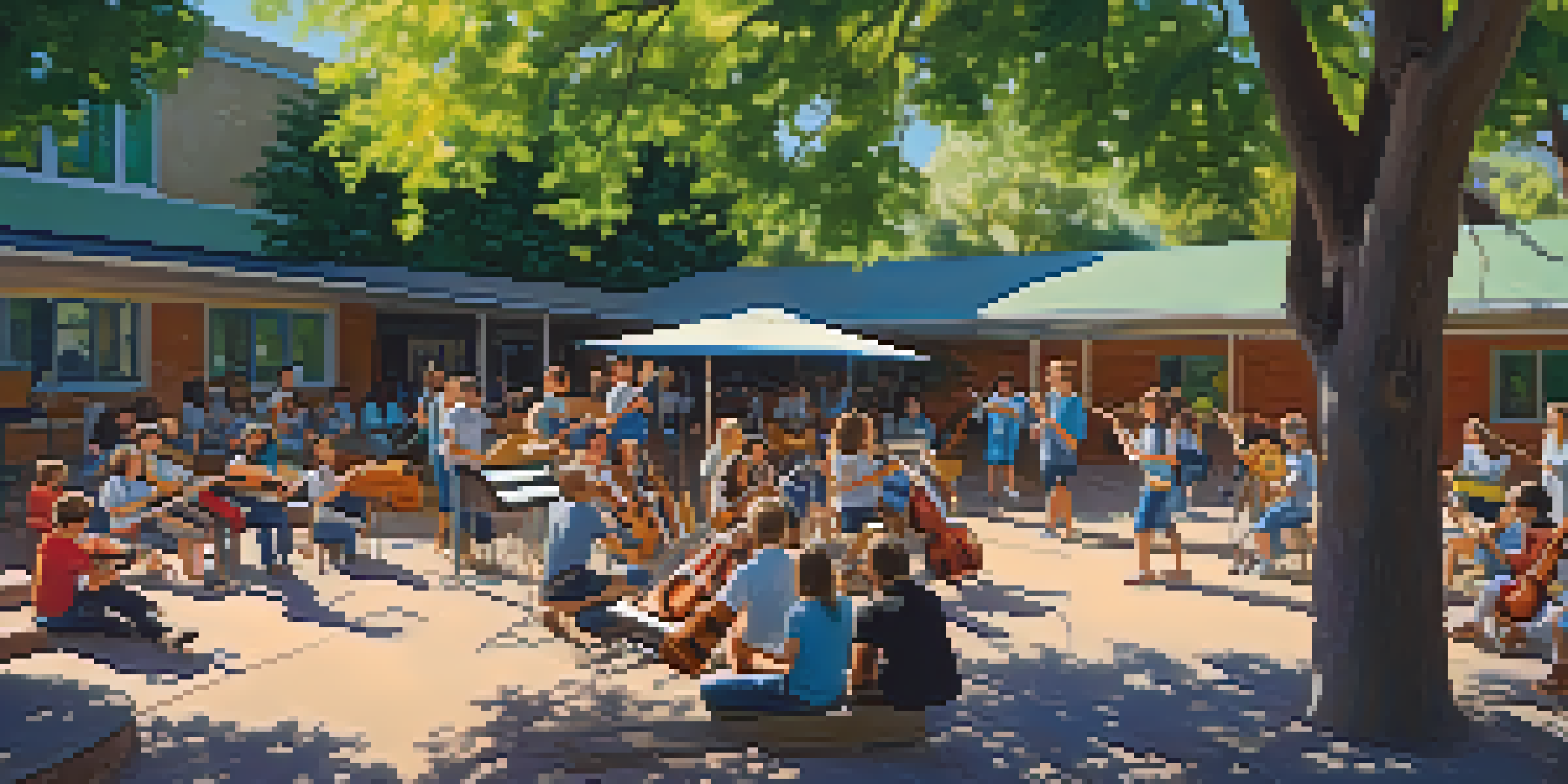 A diverse group of students participating in an outdoor music class at a community music school, surrounded by greenery and sunlight.