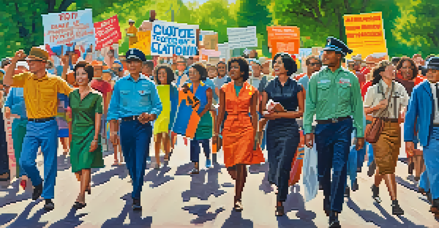 A 1960s protest scene in Boulder showcasing civil rights and environmental awareness with diverse groups and vibrant signage.