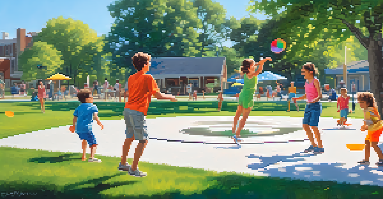 A family playing frisbee in Scott Carpenter Park, with a splash pad and green grass around them.