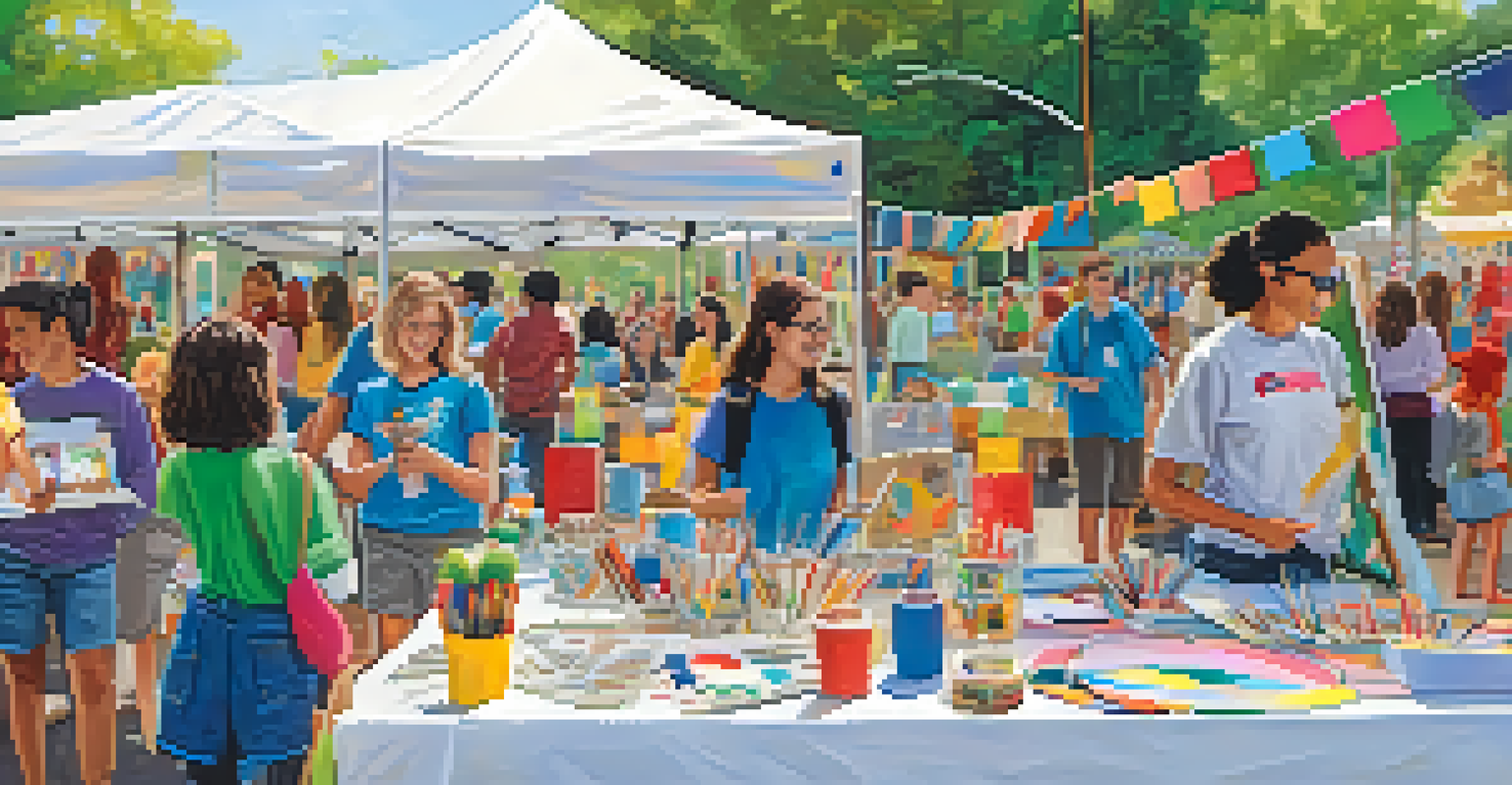A community event featuring student artwork with families and local artists interacting in a vibrant outdoor setting.