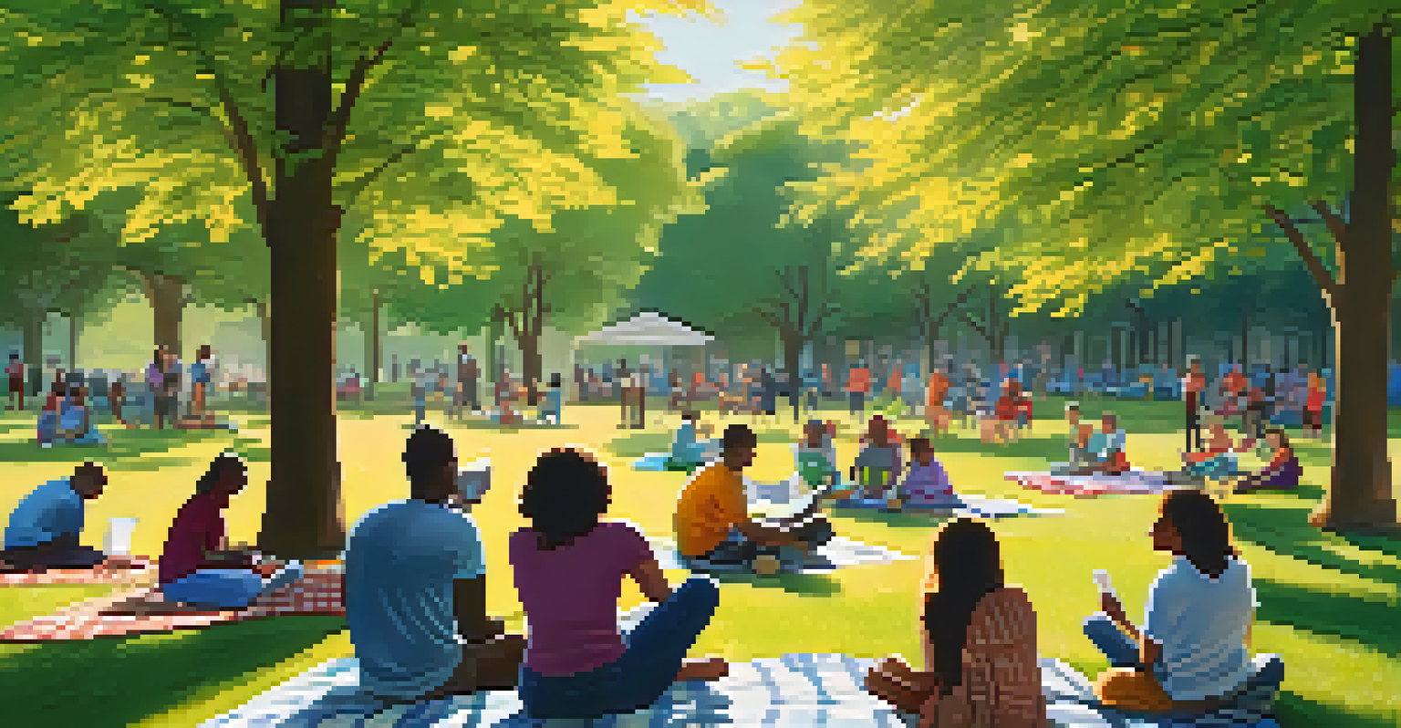 A community workshop in a park where diverse individuals share experiences about mental health, surrounded by trees and colorful banners.