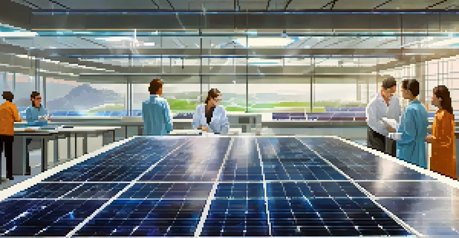 Researchers examining solar panels and technology in a lab, focusing on renewable energy innovation.
