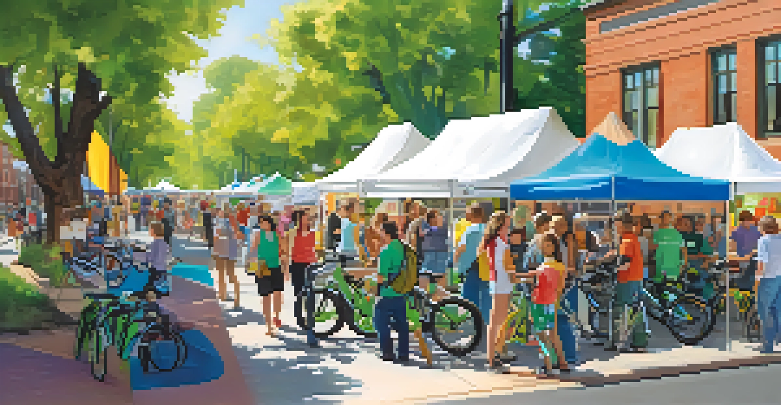 A community event in Boulder showcasing electric vehicles and bike-sharing options, with residents gathered around booths and colorful banners promoting sustainable transportation.