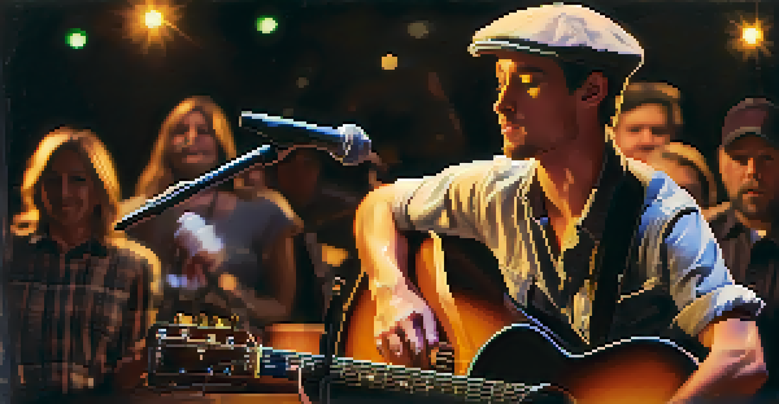 A local musician passionately performing at a small Boulder venue, illuminated by soft stage lights, with an engaged audience in the background.