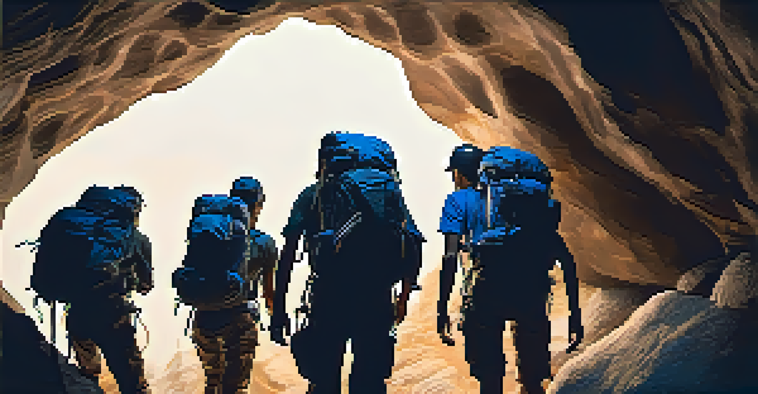 A group of caving explorers in a narrow cave passage, illuminated by headlamps, showcasing rocky textures and shadows.