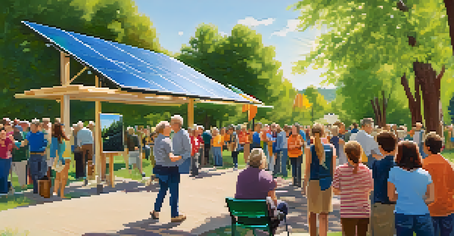 A community event in Boulder with families learning about solar energy at an exhibit, surrounded by trees and colorful banners promoting sustainability.