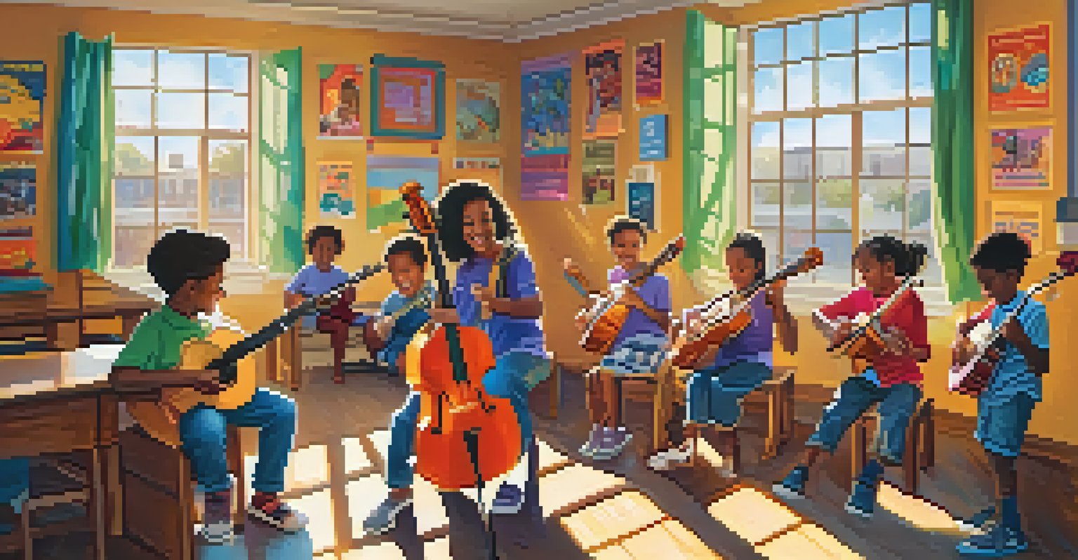 A diverse group of children engaged in an after-school music program, playing instruments in a colorful classroom with sunlight streaming in.