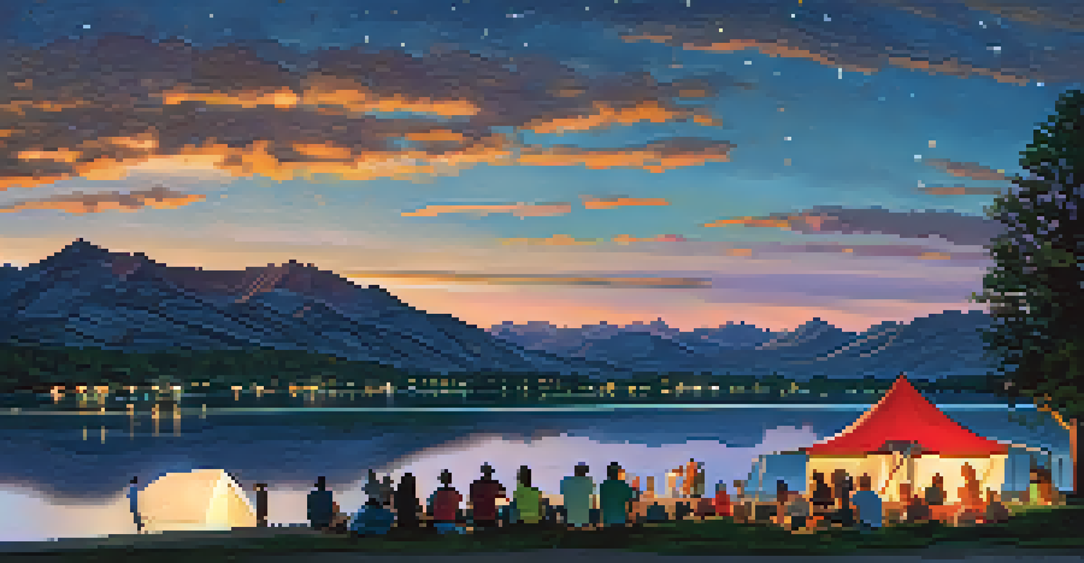 Attendees enjoying an outdoor movie night by the water at Boulder Reservoir with mountains in the background.