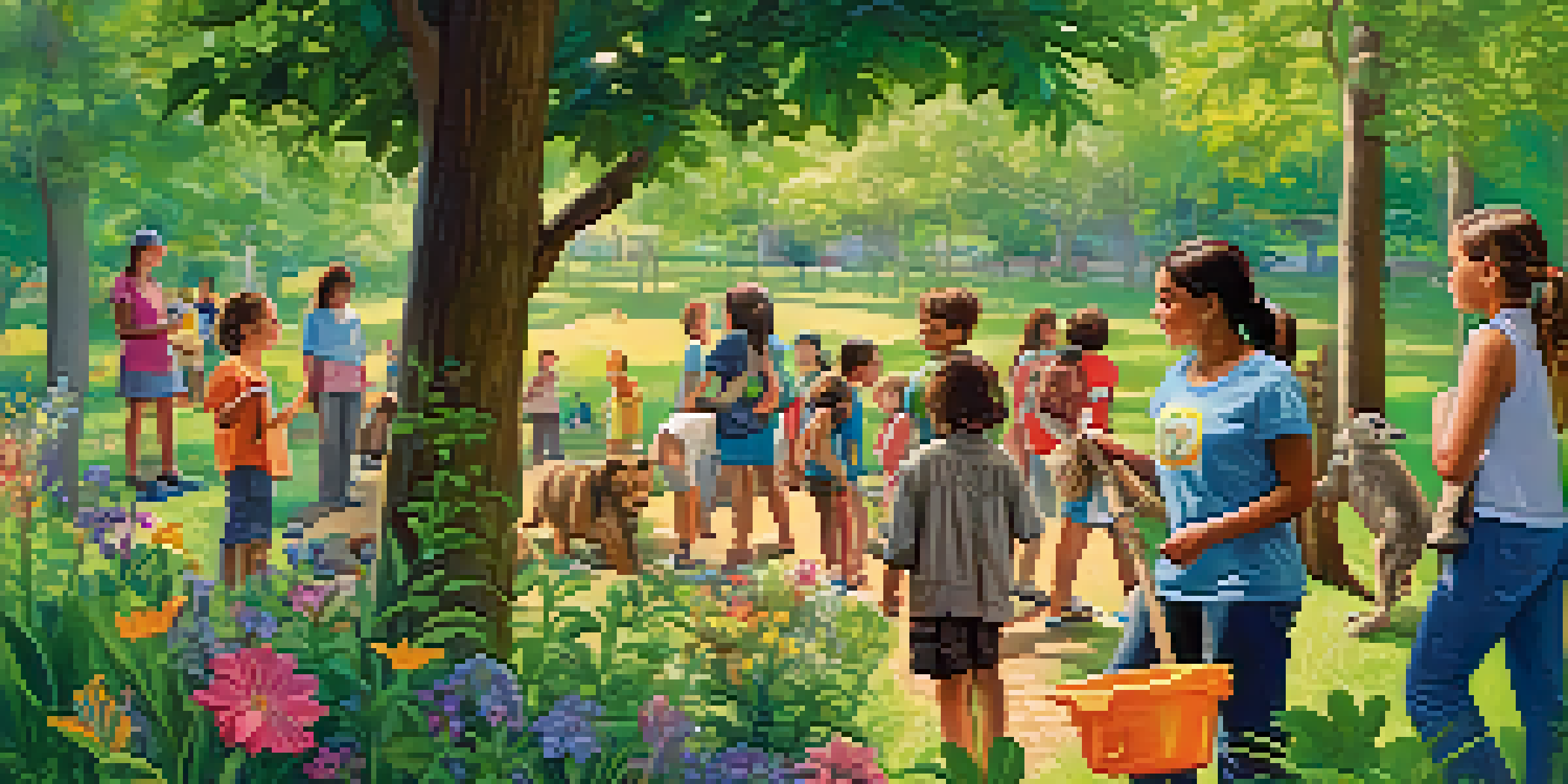 A diverse group of people engaged in wildlife conservation activities in a sunny park, with children on a nature walk and adults cleaning up.