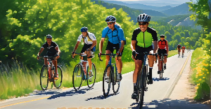 A diverse group of happy cyclists riding on a scenic trail in Boulder, surrounded by green hills and mountains under a bright sun.