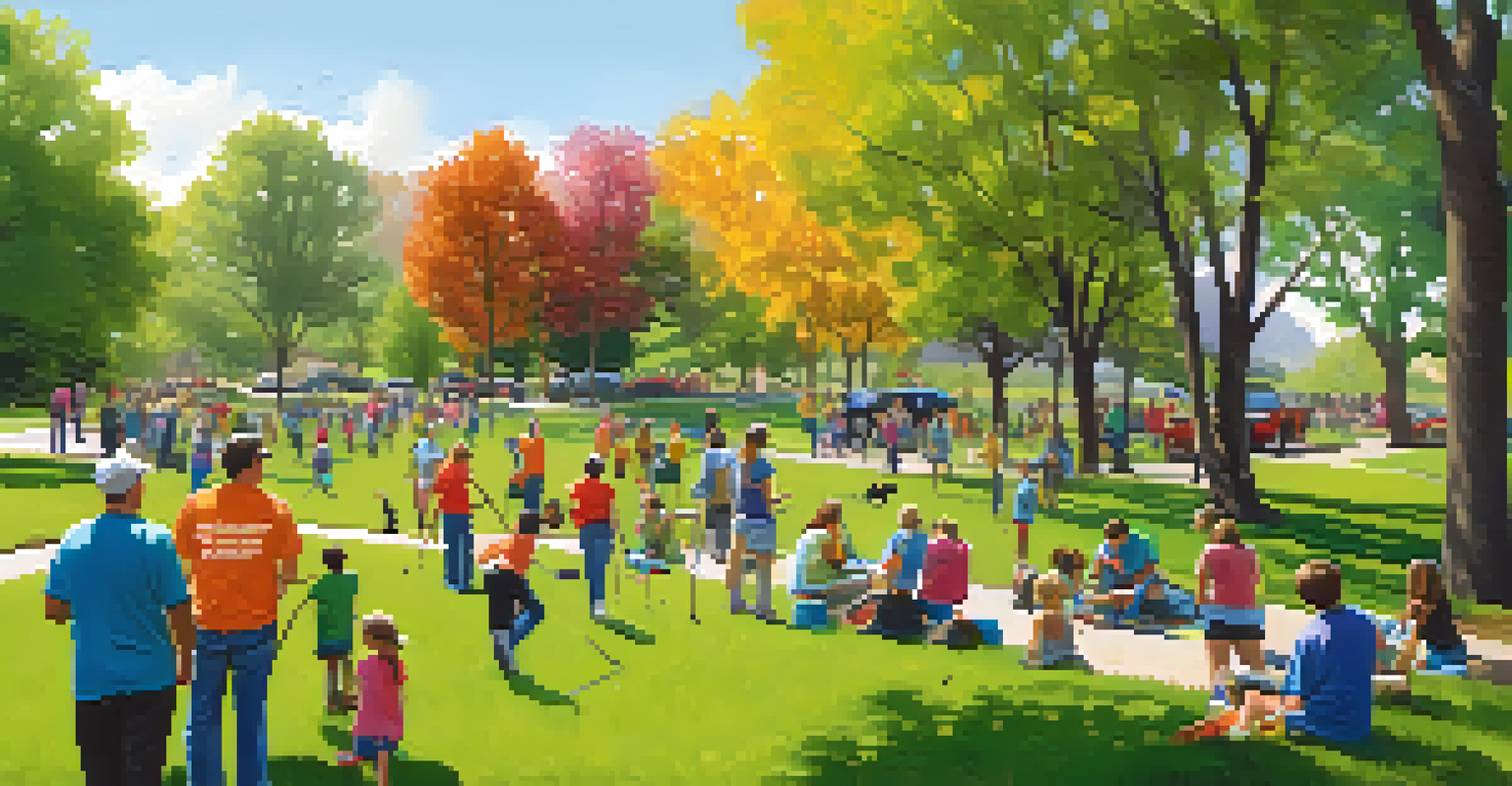 Residents of all ages participating in a community clean-up event in a Boulder park, surrounded by greenery and trees.