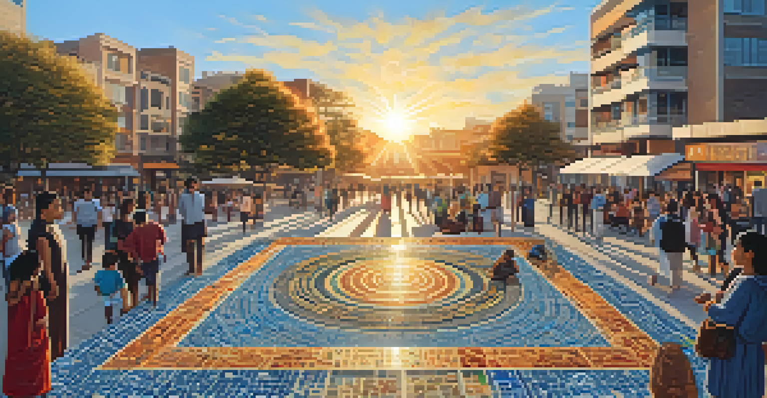 A colorful mosaic installation in a community square, showcasing cultural symbols with people interacting.