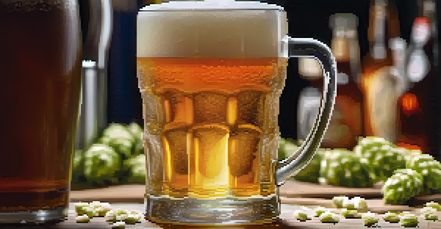 Close-up of a craft beer being poured into a glass with hops and barley in the background.