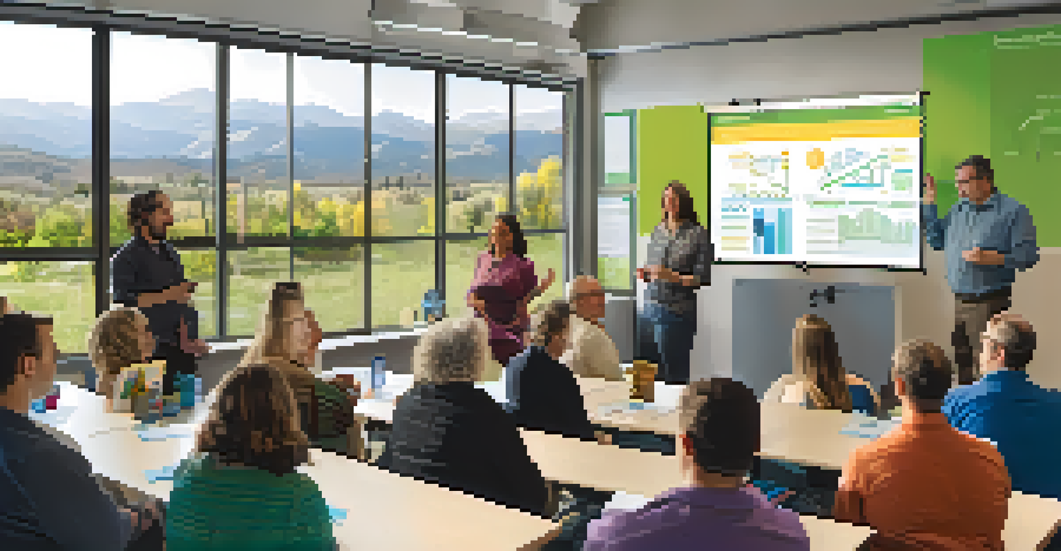 A community workshop in Boulder with residents learning about energy storage solutions, featuring a presenter and informational posters.