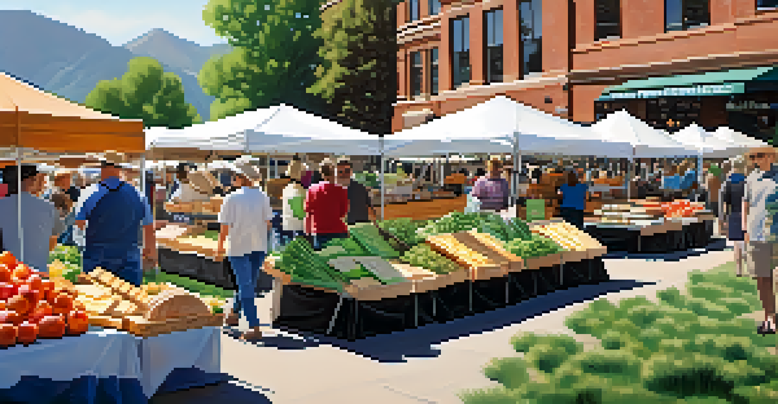 A bustling outdoor farmer's market in Boulder featuring local food artisans and scenic views of the Flatirons.