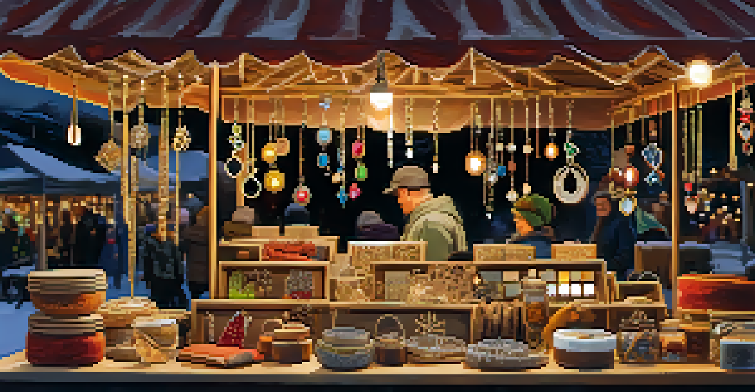 A detailed view of a vendor's stall with handmade jewelry and artisan foods, illuminated by warm lights.
