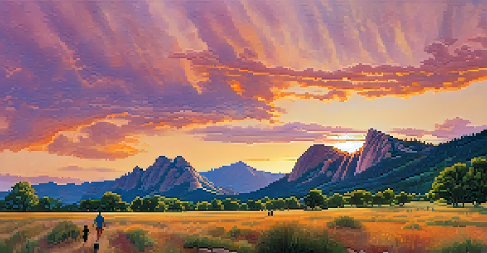 A diverse group of hikers enjoying a trail with the Flatirons in the background during sunset, showcasing the beauty of Boulder, Colorado.