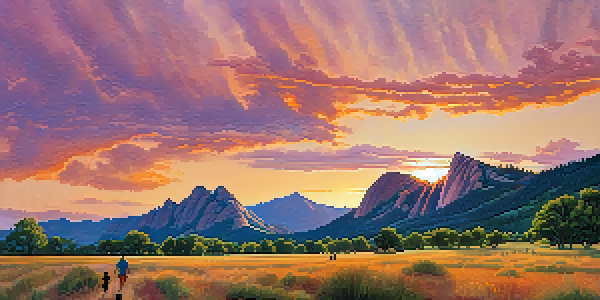 A diverse group of hikers enjoying a trail with the Flatirons in the background during sunset, showcasing the beauty of Boulder, Colorado.