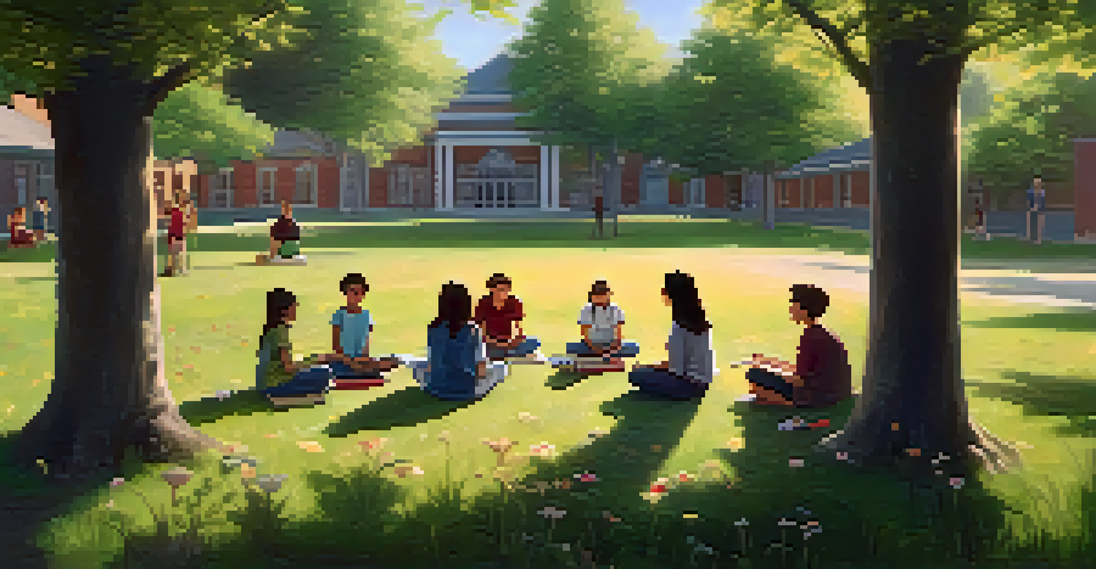 Students sitting in a circle on a grassy field, practicing mindfulness with a teacher in a peaceful outdoor setting.