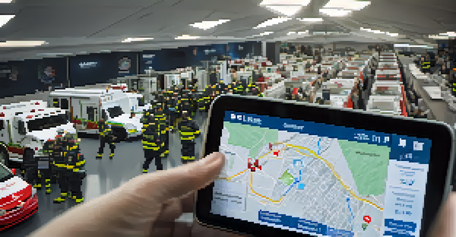 A close-up of a smartphone displaying a disaster response alert app with emergency responders in a command center in the background.