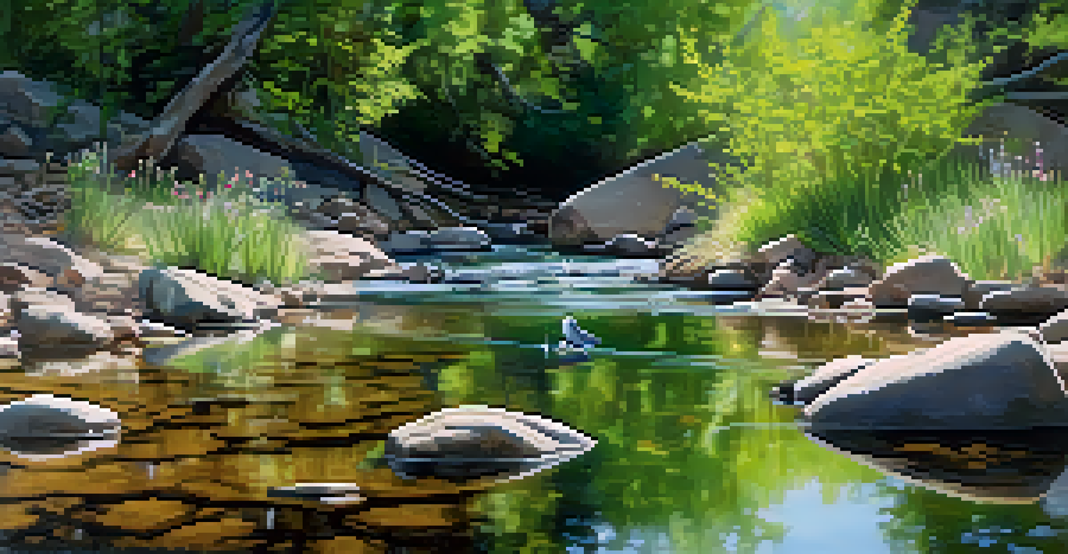 A close-up view of a clear stream surrounded by lush plants and colorful wildflowers, with a bird perched on a branch nearby.