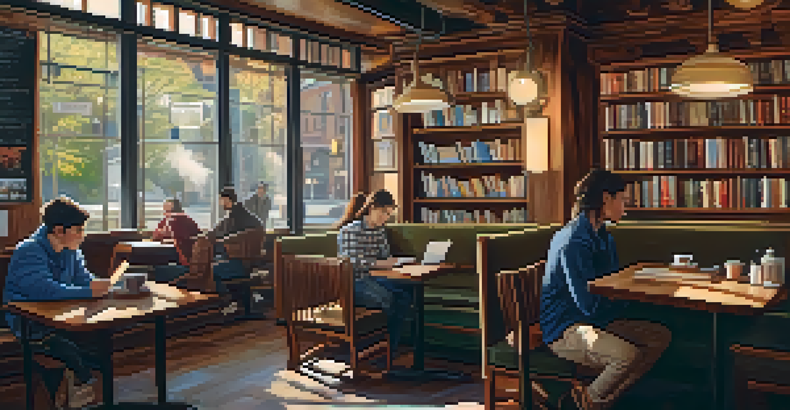 A student studying in a cozy coffee shop on campus with books and coffee.