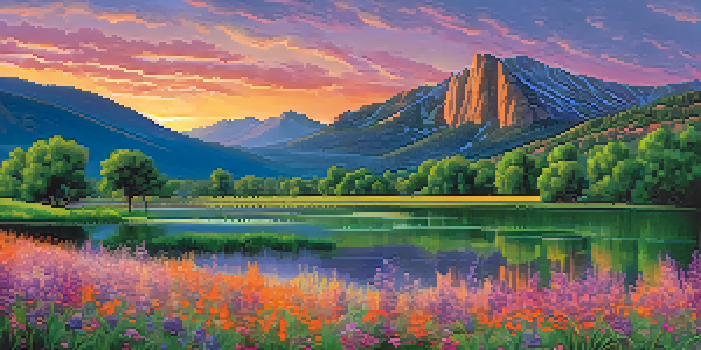 A scenic view of Boulder, Colorado with the Rocky Mountains at sunset, a lake in front, and researchers analyzing data.