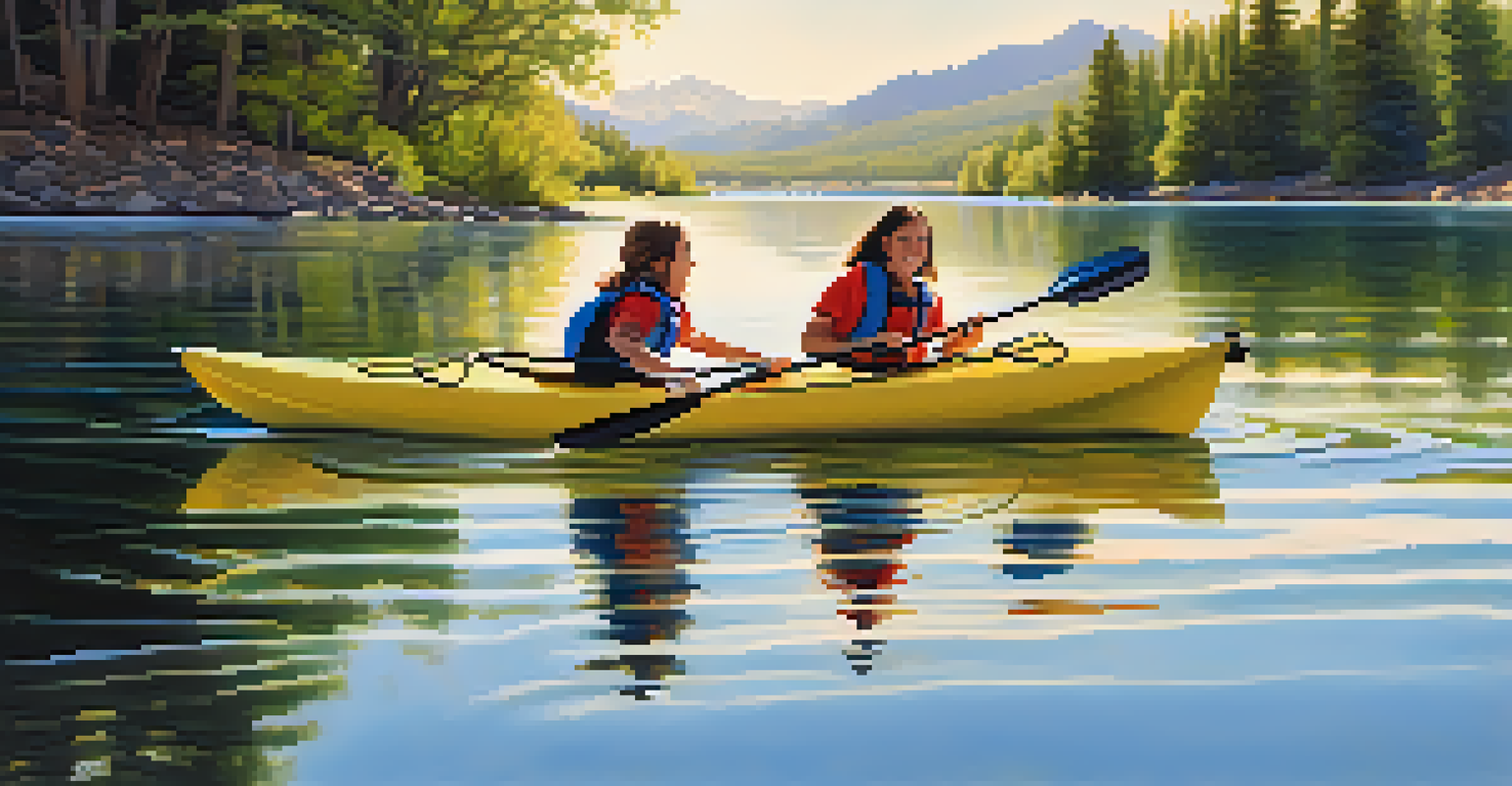 A family kayaking on Boulder Reservoir with mountains and greenery in the background.