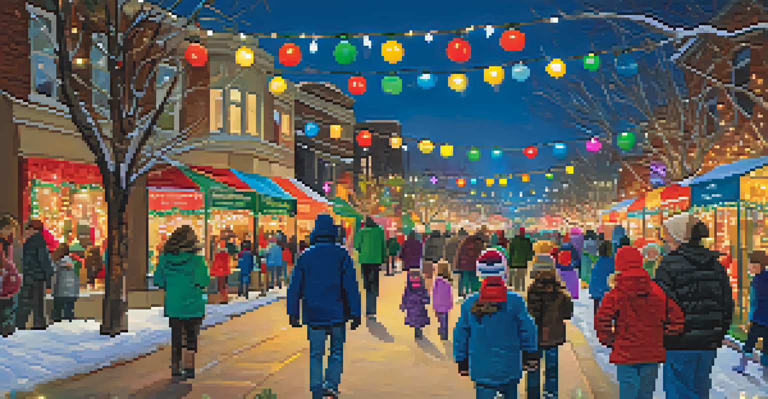 Families enjoying the Boulder Holiday Lights Festival, walking through streets adorned with colorful light displays.