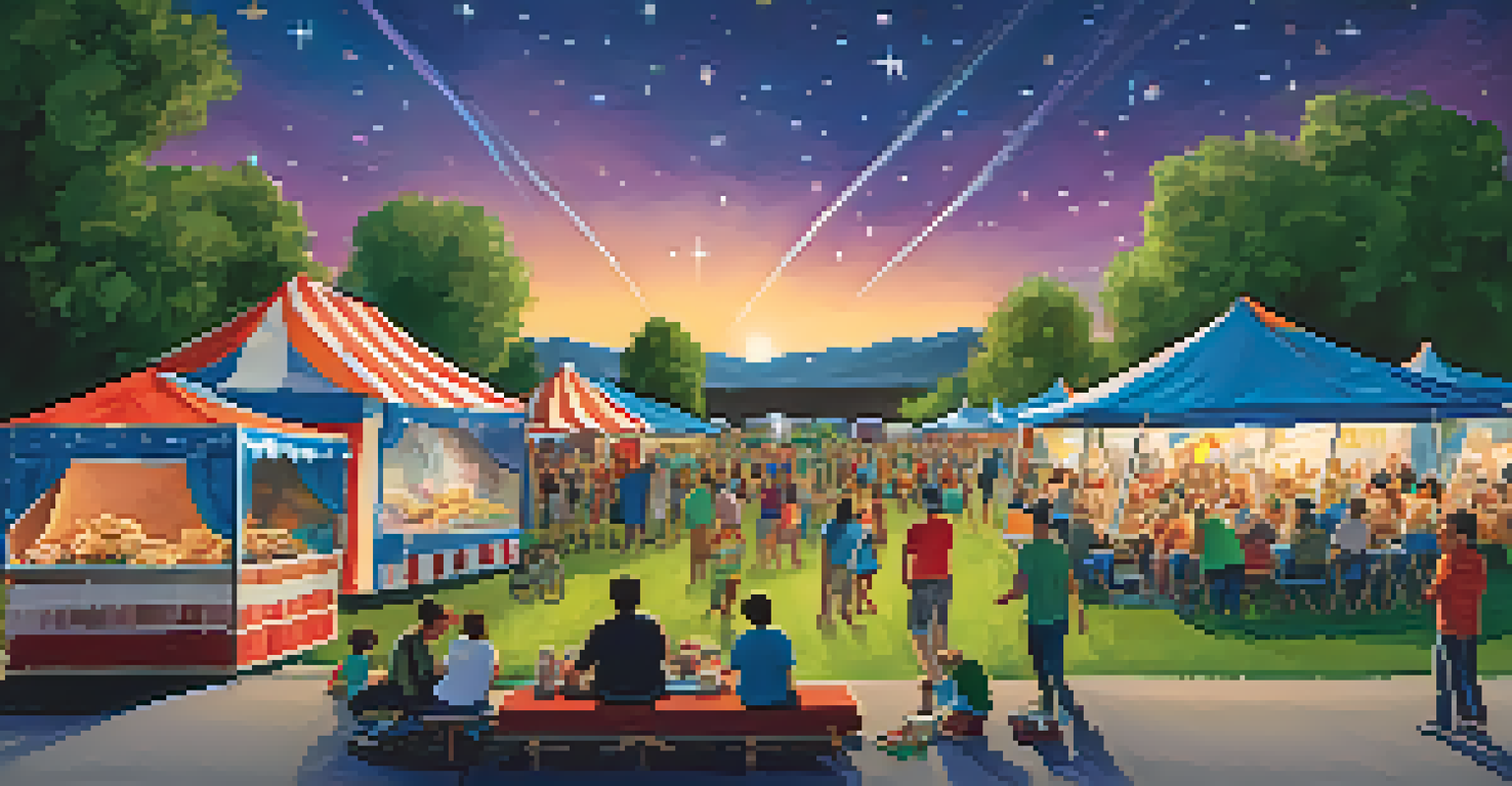 Families enjoying snacks and activities at an outdoor movie night with local vendors and a large movie screen.