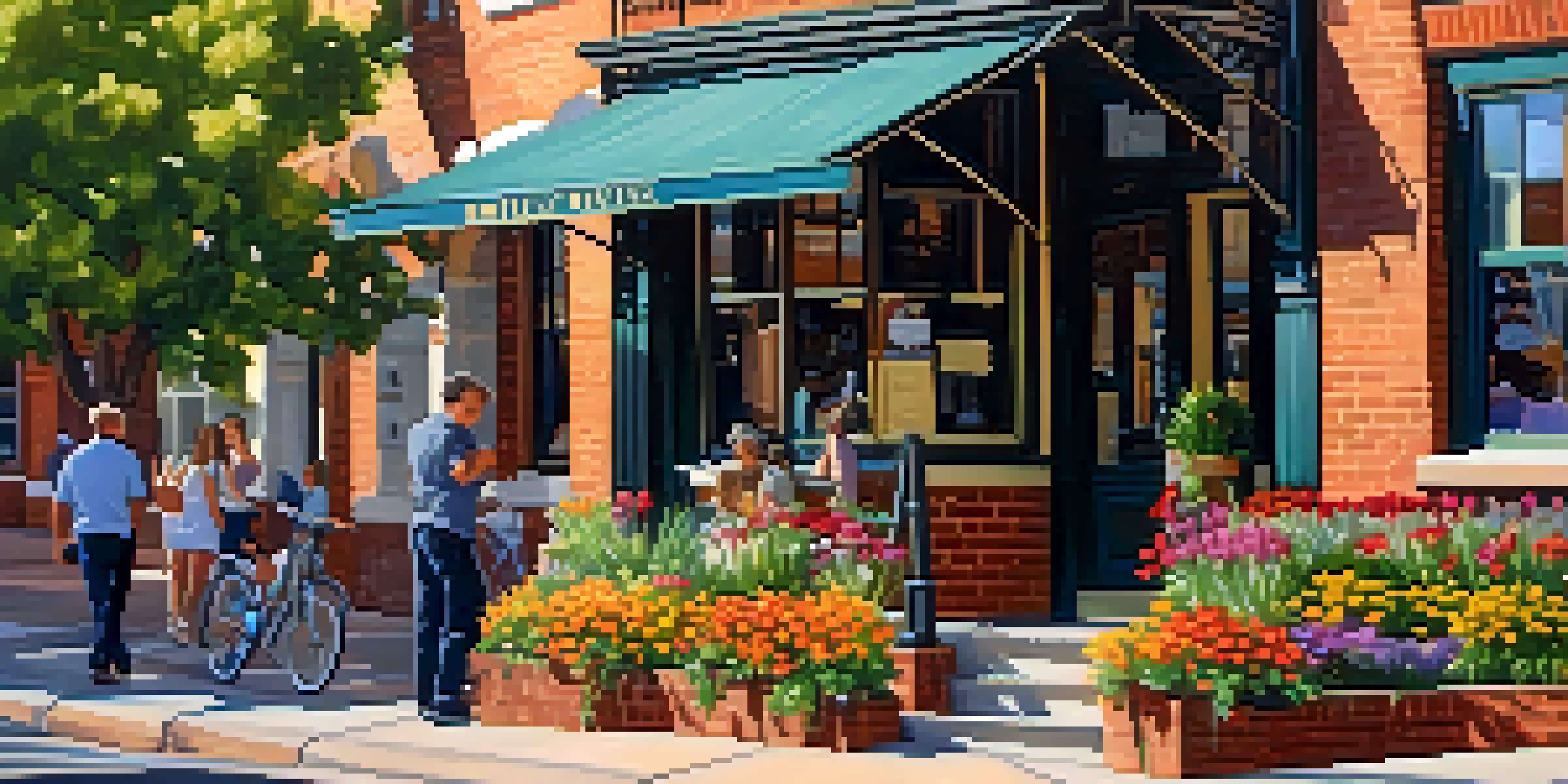 A lively street scene in Boulder, featuring a historic building with flowers and locals conversing, illuminated by the warm sunlight.