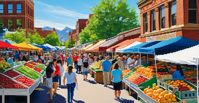 A bustling outdoor Farmers Market in Boulder, featuring colorful fresh produce, artisanal goods, and people enjoying the vibrant atmosphere with the Flatirons mountains in the background.