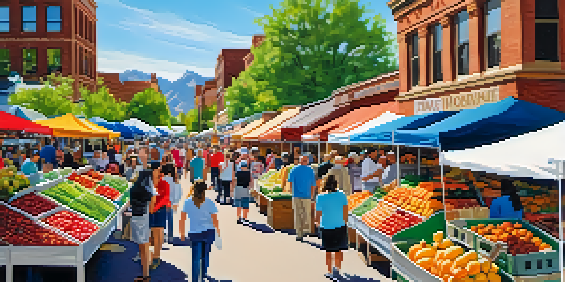A bustling outdoor Farmers Market in Boulder, featuring colorful fresh produce, artisanal goods, and people enjoying the vibrant atmosphere with the Flatirons mountains in the background.