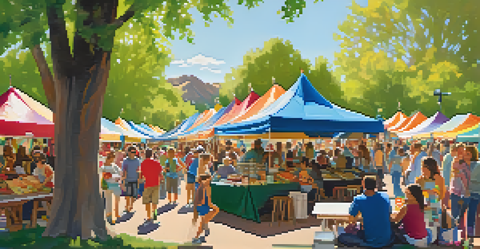 A vibrant community heritage festival in Boulder, with families, food stalls, and artisans in a sunlit park.