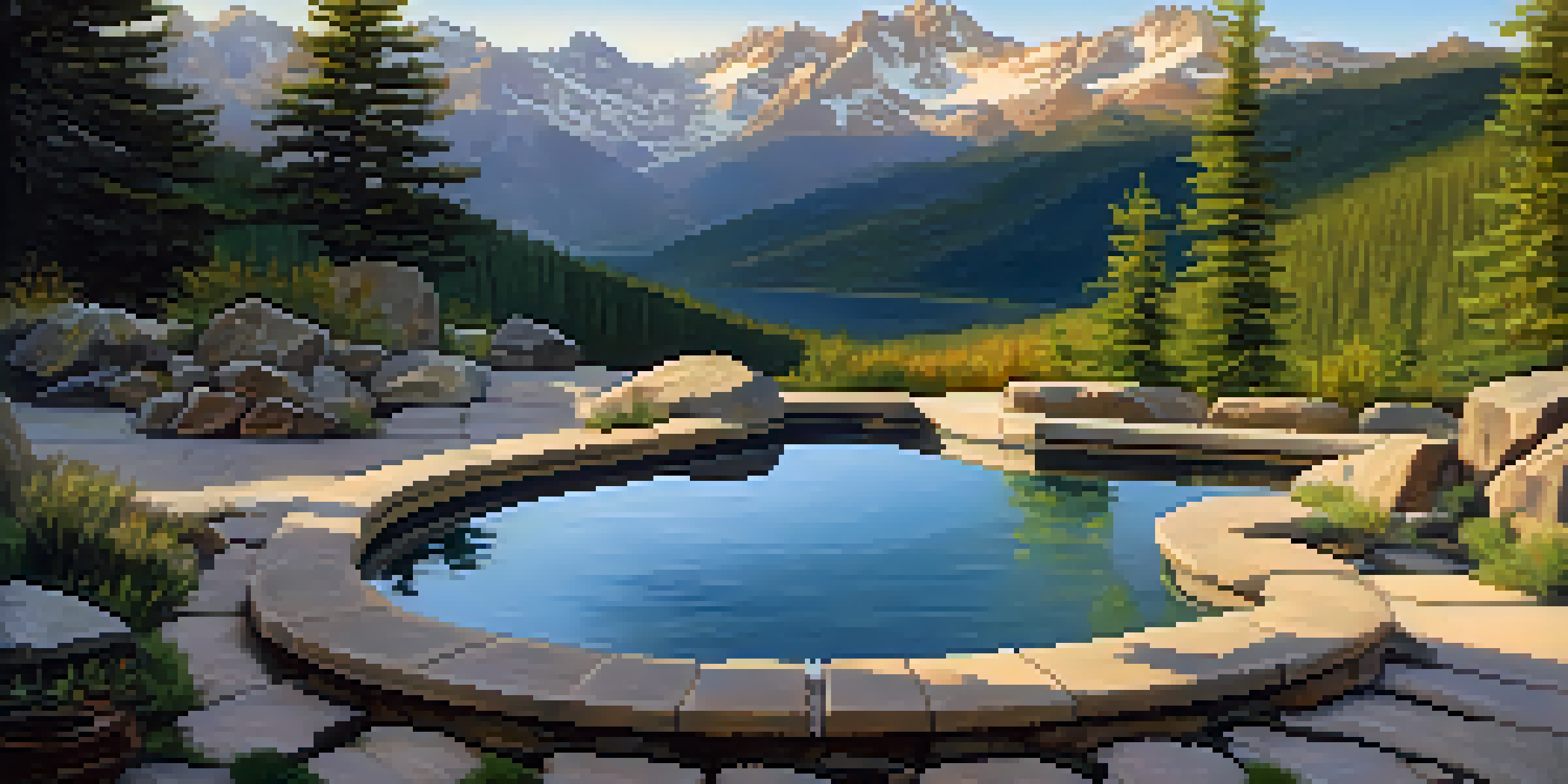 A tranquil hot spring surrounded by mountains and greenery, with steam rising and warm sunlight illuminating the water.