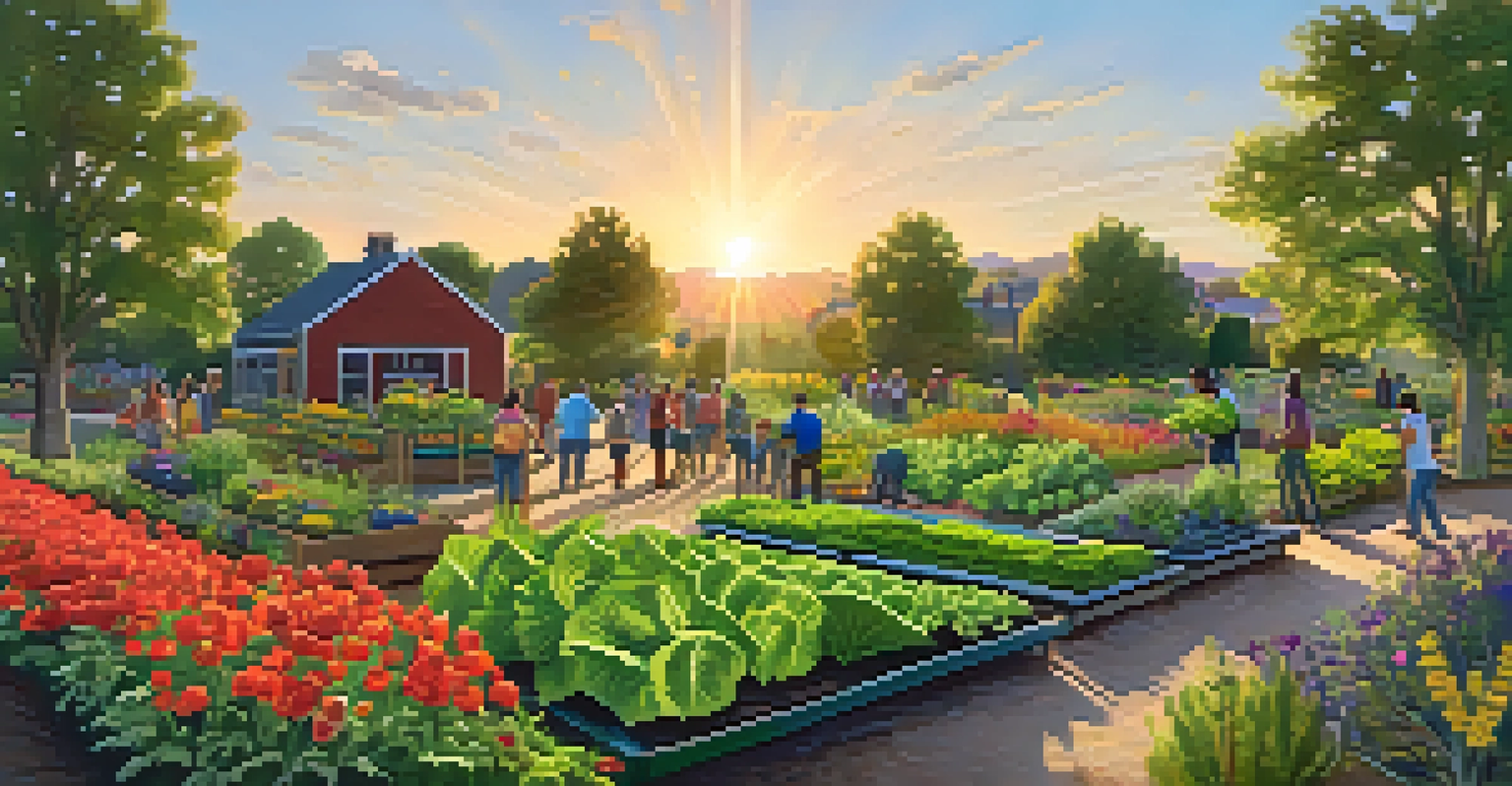 A community garden in Boulder with lush vegetables and flowers, and gardeners working in the evening light, symbolizing community and sustainability.