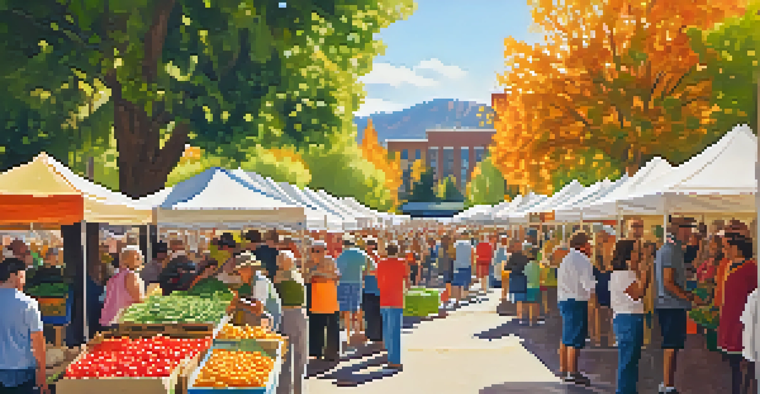 A lively harvest festival in Boulder with farmers and families celebrating with fresh produce and decorations.