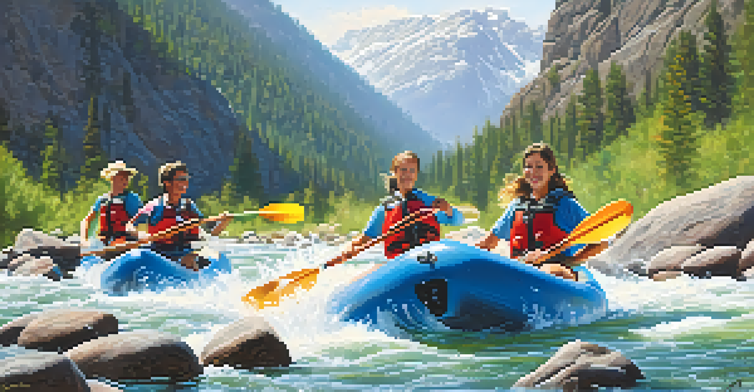 A group of friends paddling through a rapid on a sunny day, surrounded by sparkling water and the Boulder mountains.