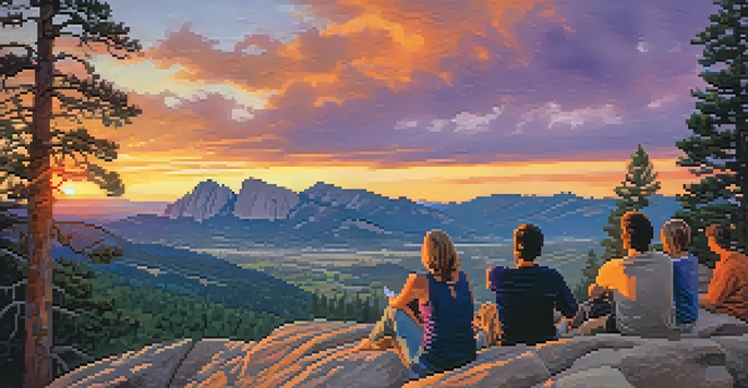 A stunning sunset over the Flatirons with silhouettes of trees and people enjoying the view.