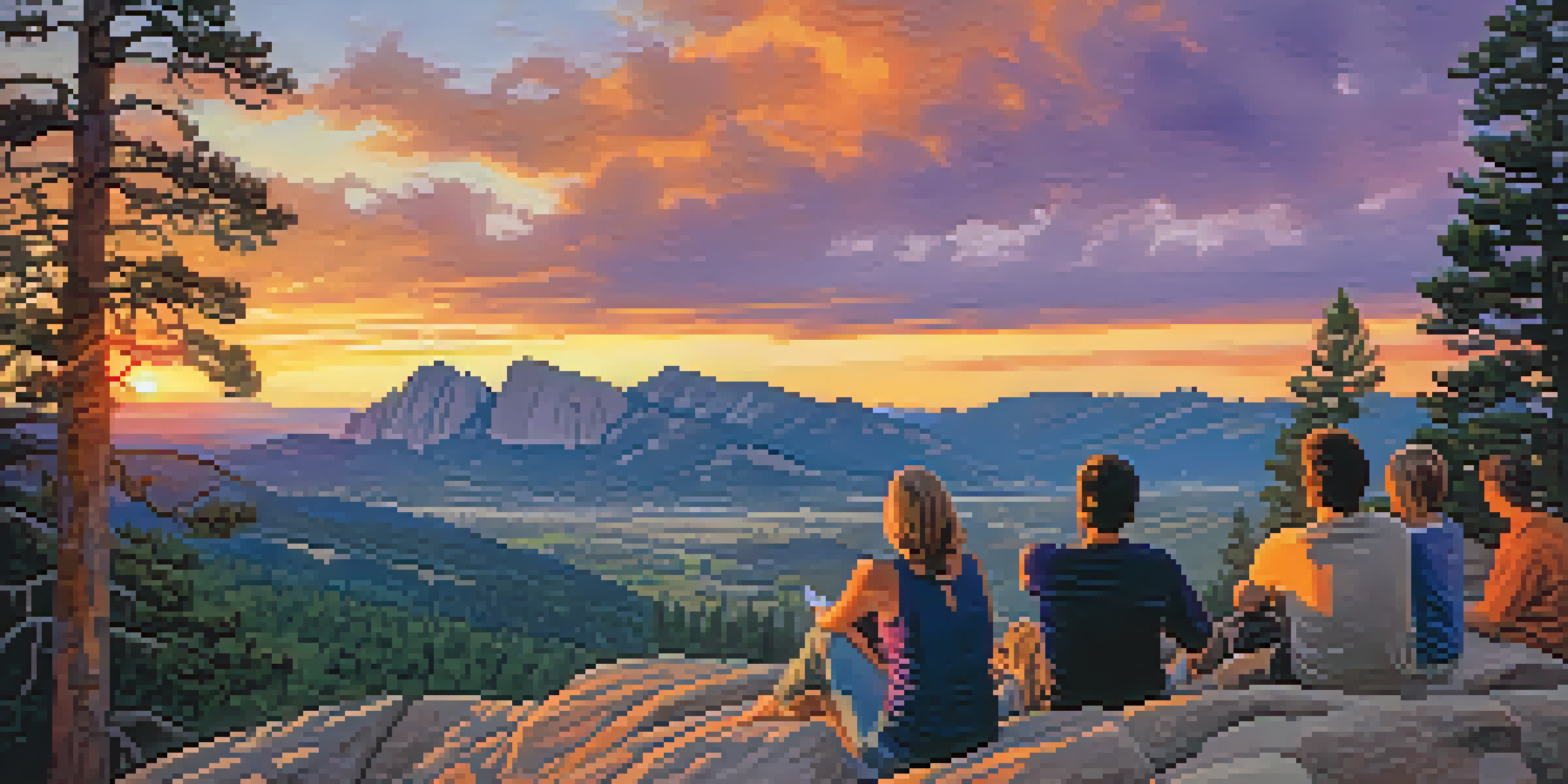 A stunning sunset over the Flatirons with silhouettes of trees and people enjoying the view.