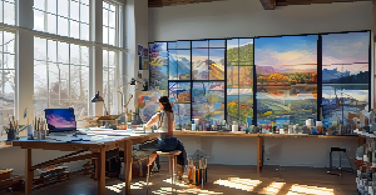 A modern artist's studio in Boulder showing a blend of digital and traditional art tools, with an artist at work in a bright environment.