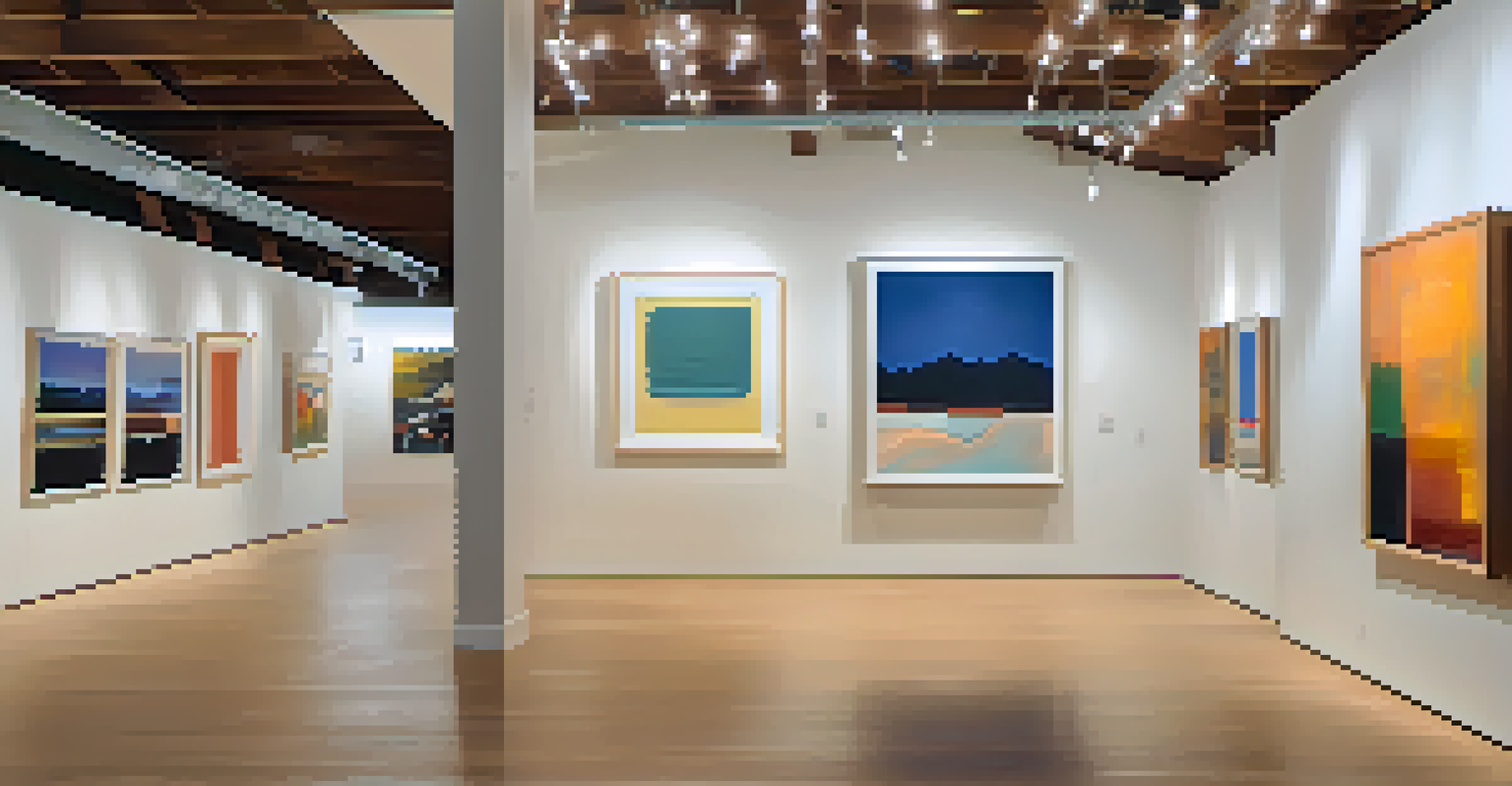Inside a modern art gallery in Boulder, showcasing sculptures and abstract paintings with visitors discussing the artworks.