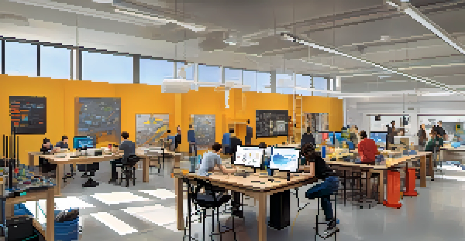 A modern makerspace at CU Boulder with students collaborating on projects, surrounded by tools and creative prototypes, showcasing innovation and teamwork.