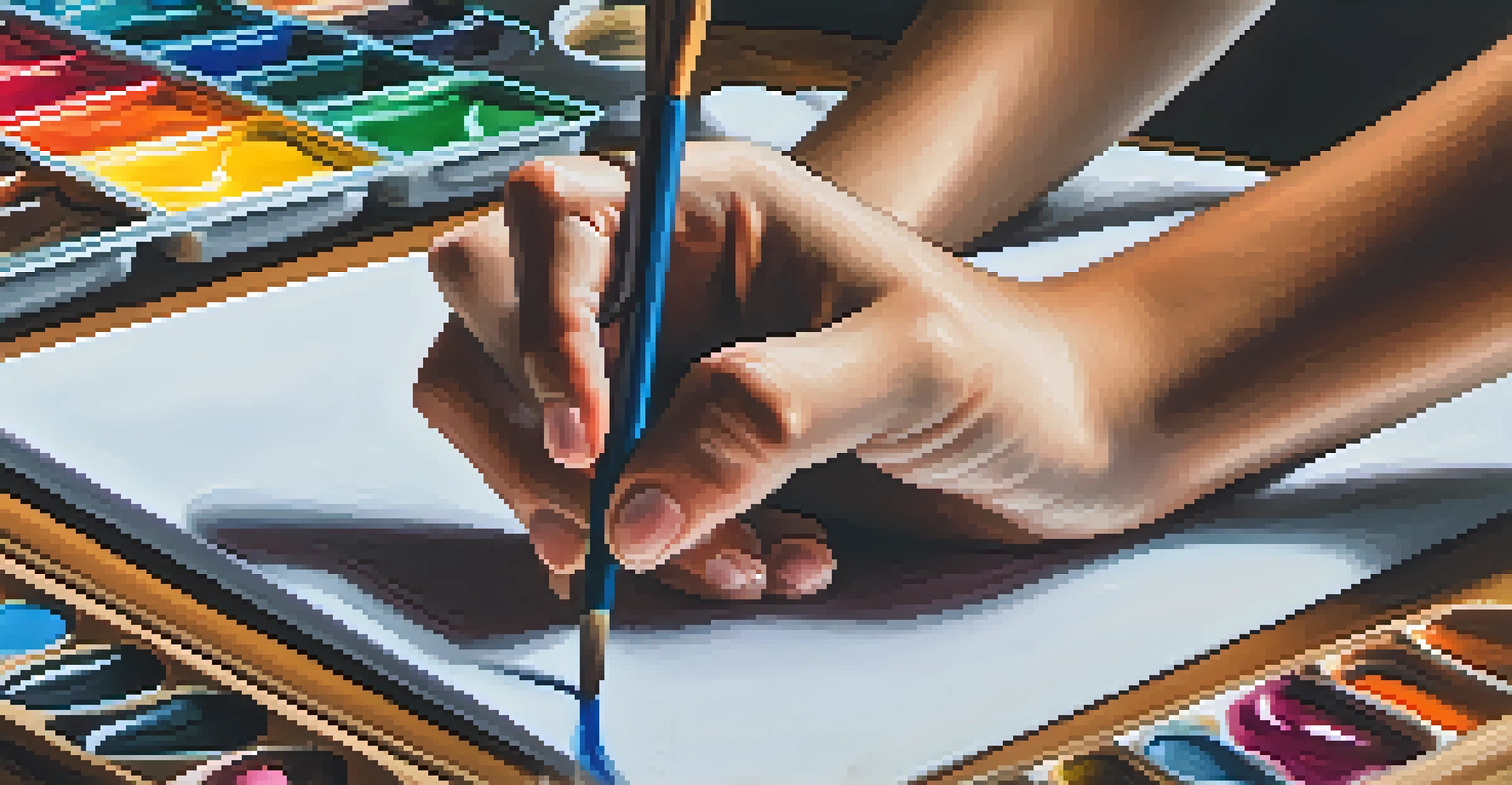 A young artist's hands painting on canvas, surrounded by colorful palette and art supplies in a bright studio.