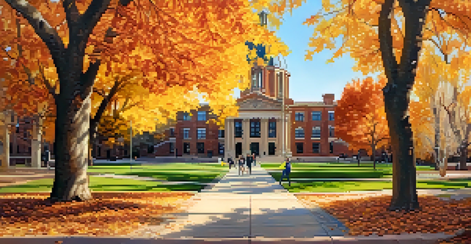 Panoramic view of CU Boulder campus in autumn with colorful foliage, students, and iconic buildings.