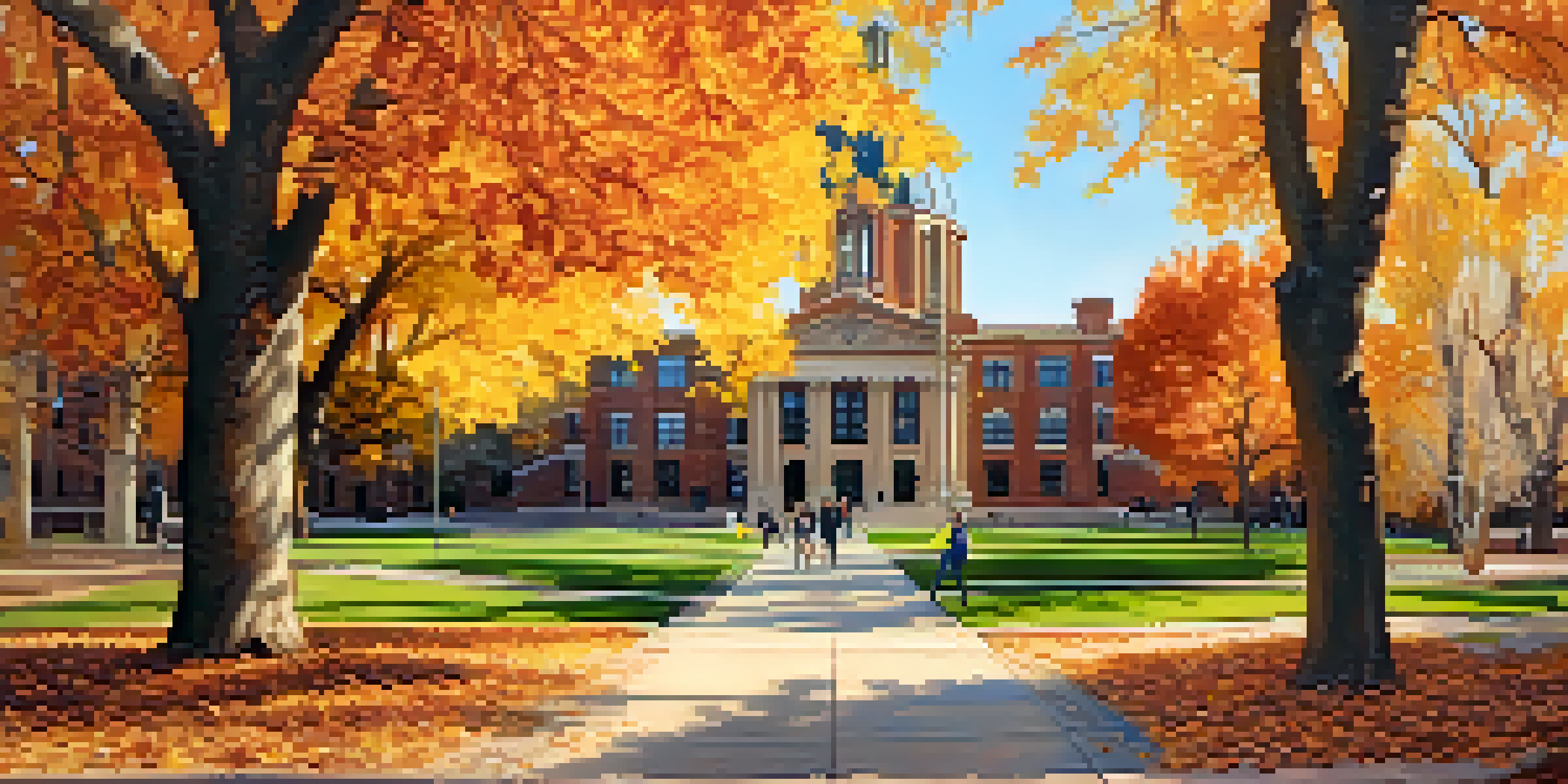 Panoramic view of CU Boulder campus in autumn with colorful foliage, students, and iconic buildings.
